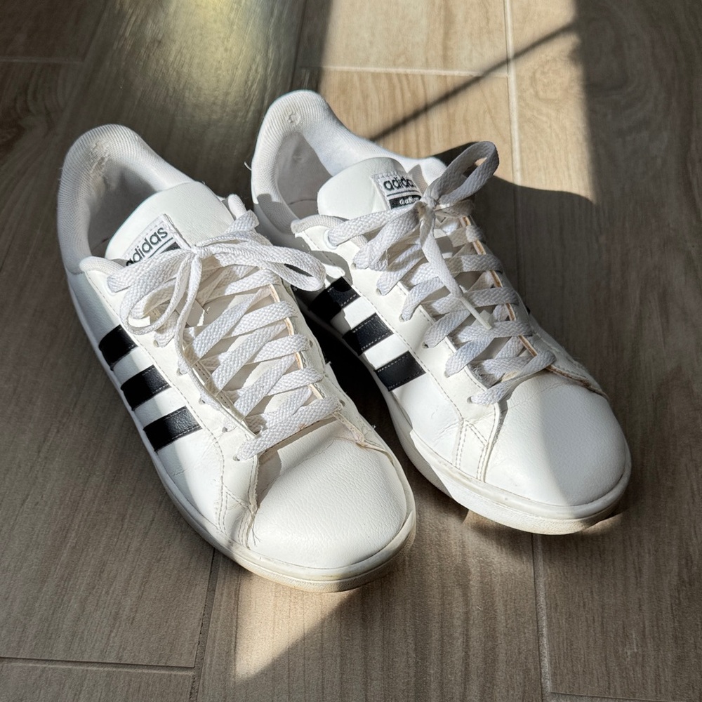 Adidas Classic White Sneakers with Black Stripes (women’s size 7.5)